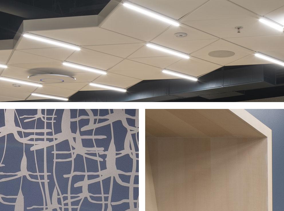 Three detail images of the UC Berkeley Weill NeuroHub East interior