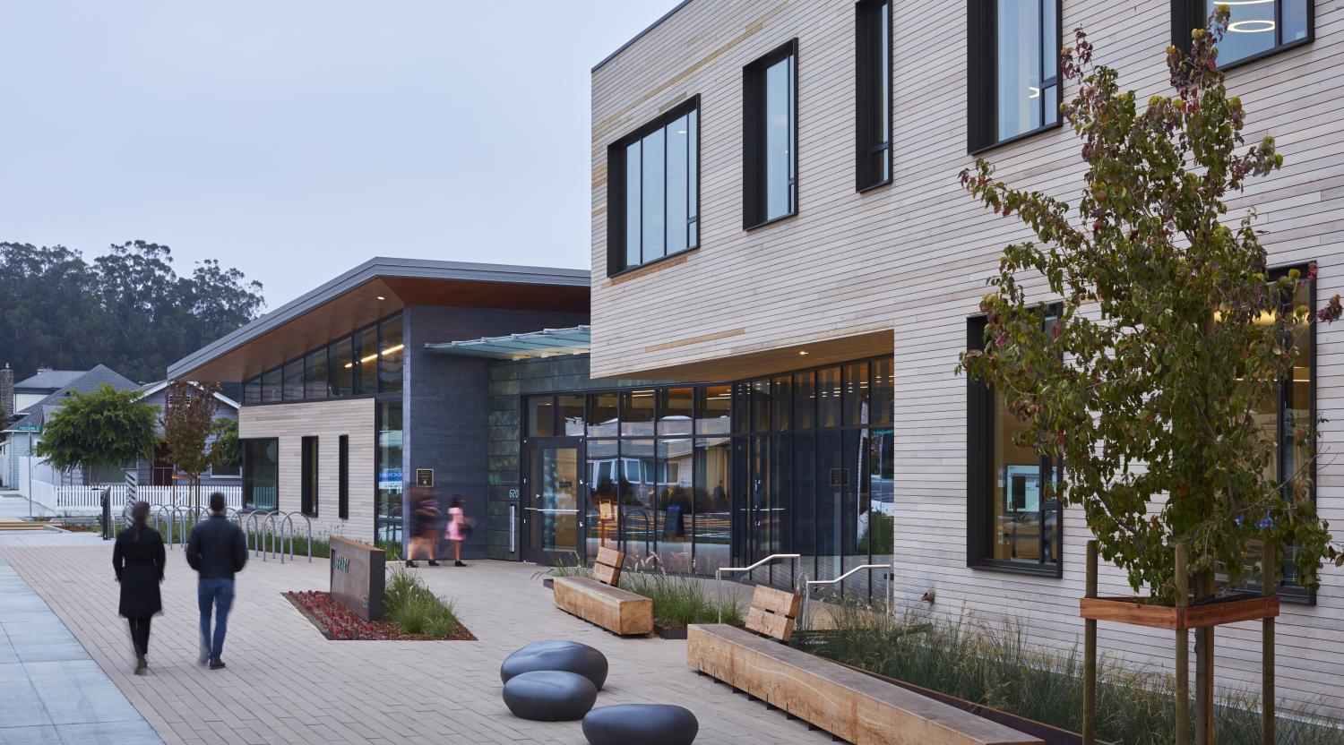 Dusk view of Half Moon Bay Library entry