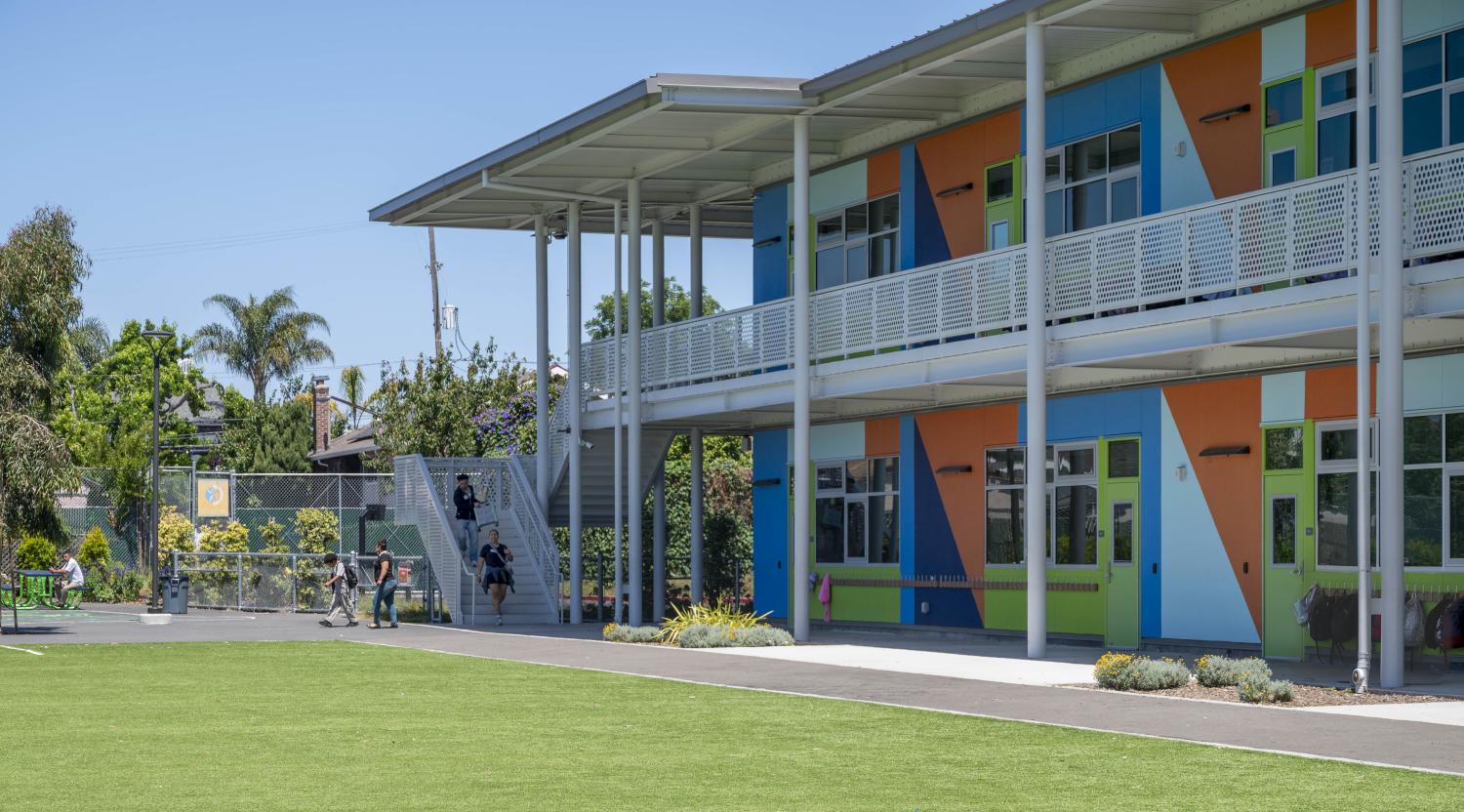 Exterior stair system on the new classroom building at Achieve Academy in Oakland, California