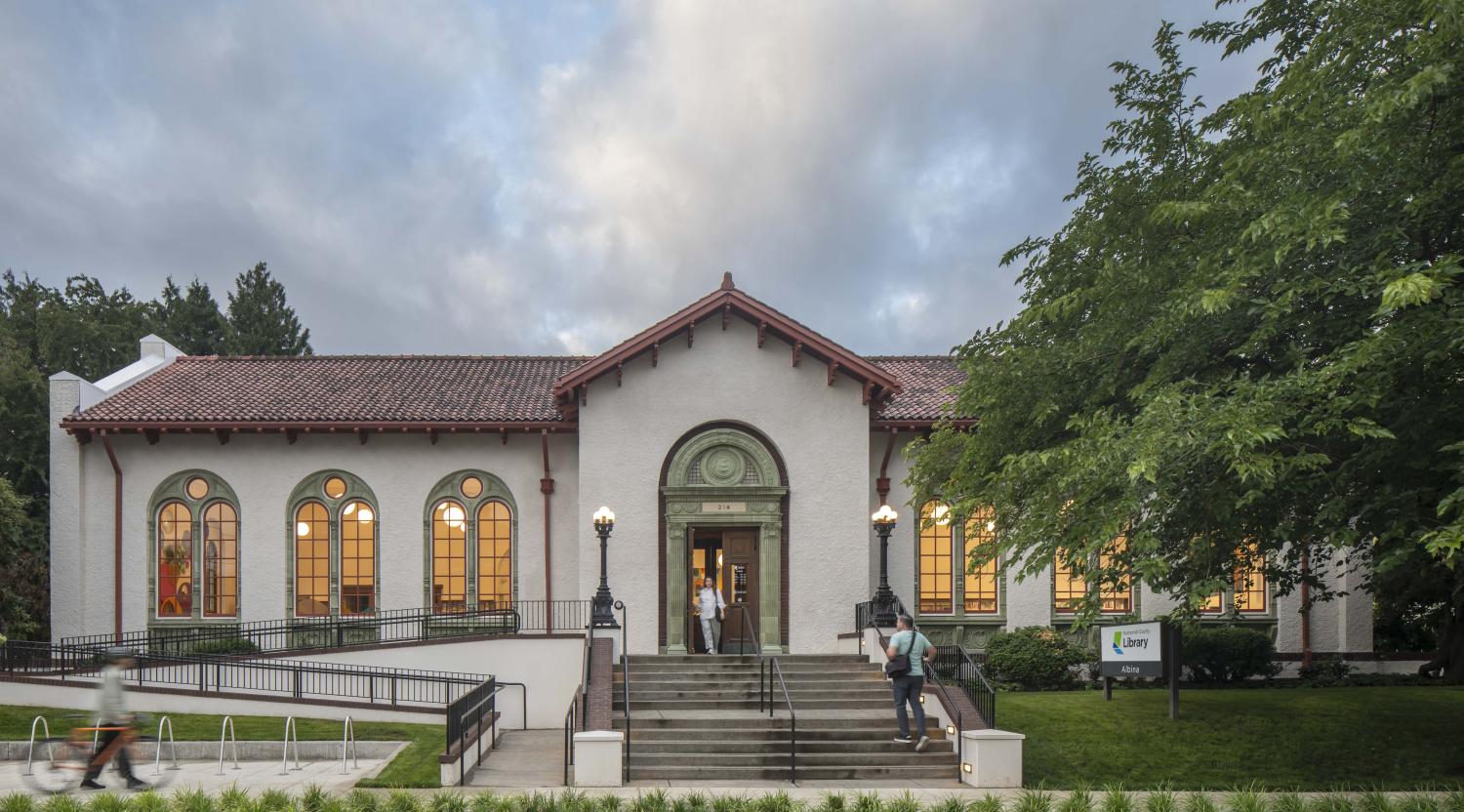 Albina Library historic exterior with accessible ramps in Portland, OR