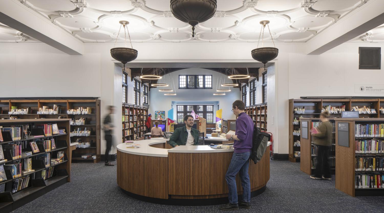 North Portland Library renovated historic interior with circulation desk in Portland, OR