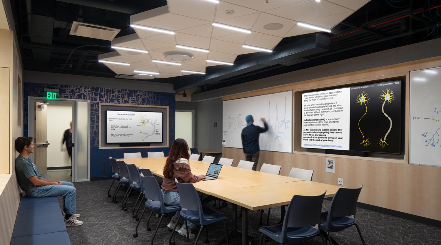 Collaborative conference room at UC Berkeley Weill NeuroHub East supporting flexible academic meetings and neuroscience research discussions.