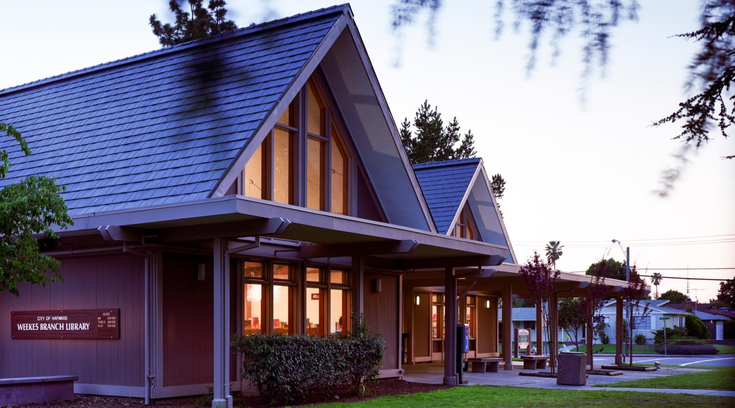 Dusk view of library exterior 