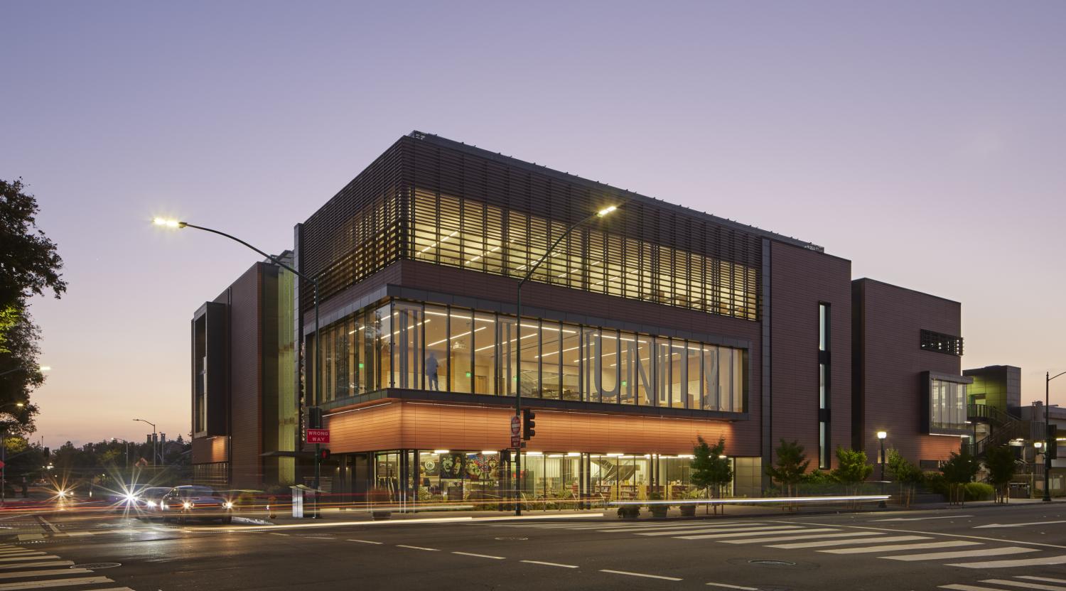 Dusk view of library exterior 