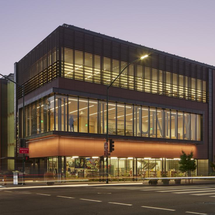 Dusk view of library exterior 