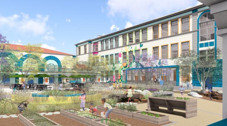 Buena Vista Horace Mann secure courtyard with garden beds in San Francisco