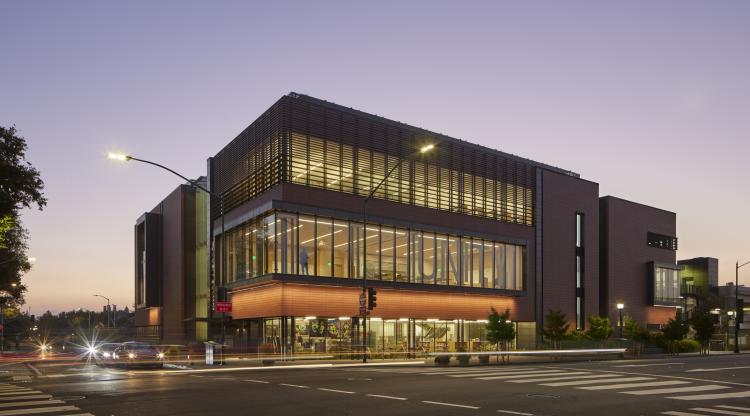 Dusk view of library exterior 